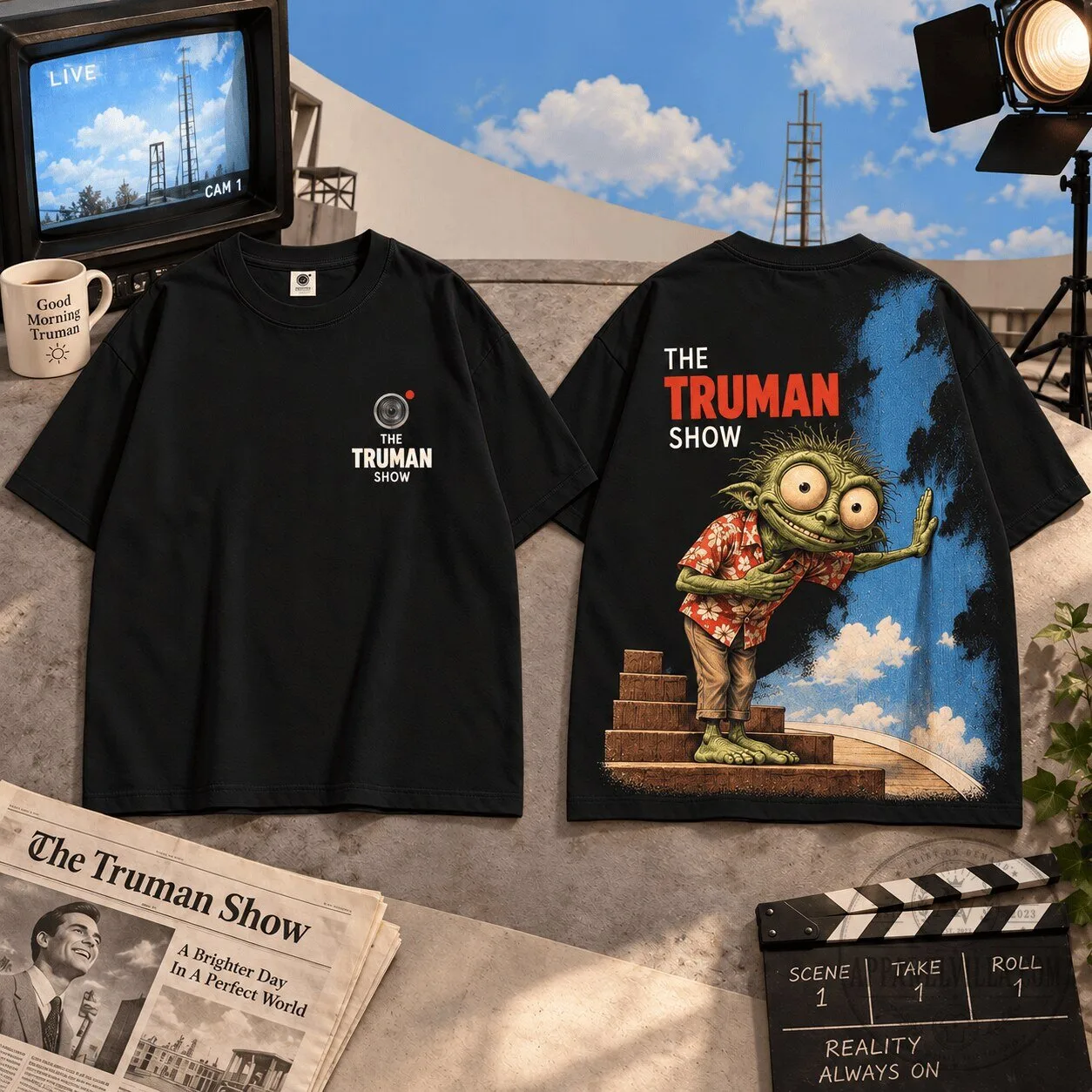 The Truman Show Gremlins Inspired Movie Poster Graphic Black T-Shirt