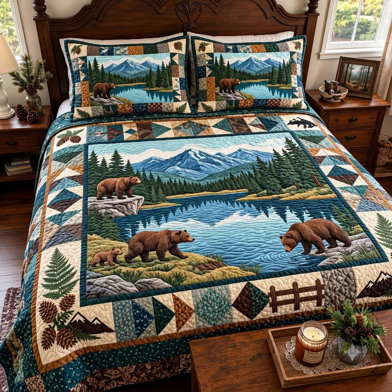 Lakeside Bear Retreat Scenic Mountain Lake Quilted Bedding Set