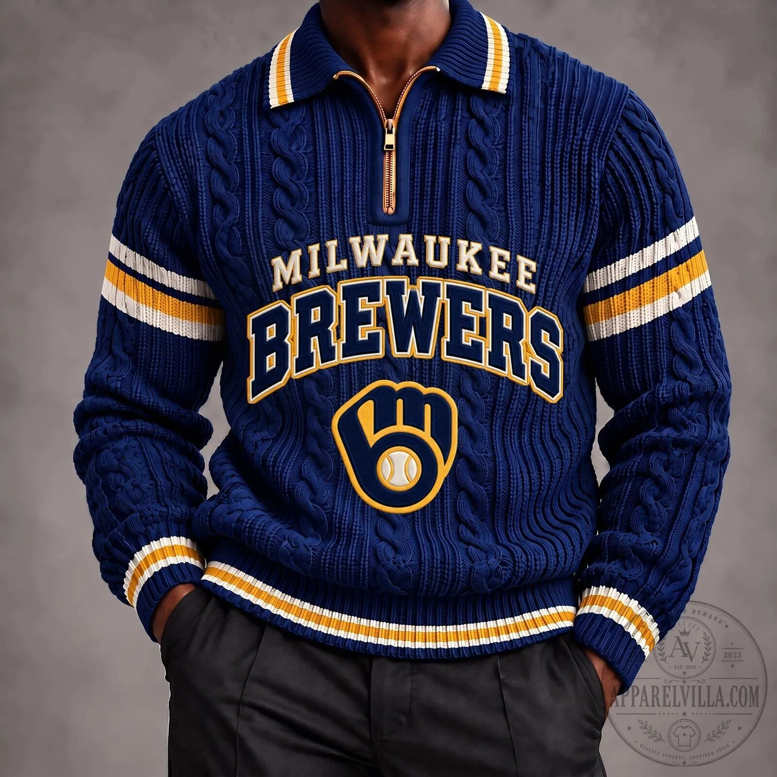 Milwaukee Brewers Baseball Team Cable Knit Quarter Zip Pullover Sweater