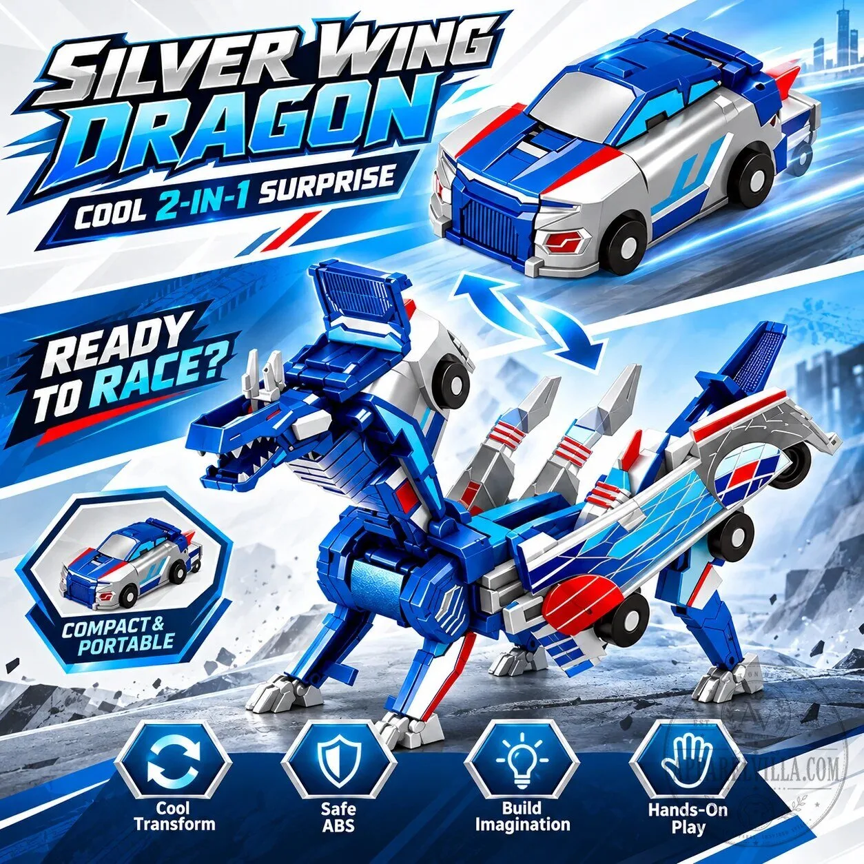 Silver Wing Dragon Transforming Toy Car, 2-in-1 Surprise Action Figure